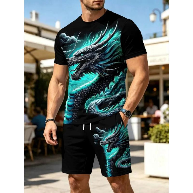 Fashion men's casual suit 3D casual color printing summer T-shirt shorts simple
