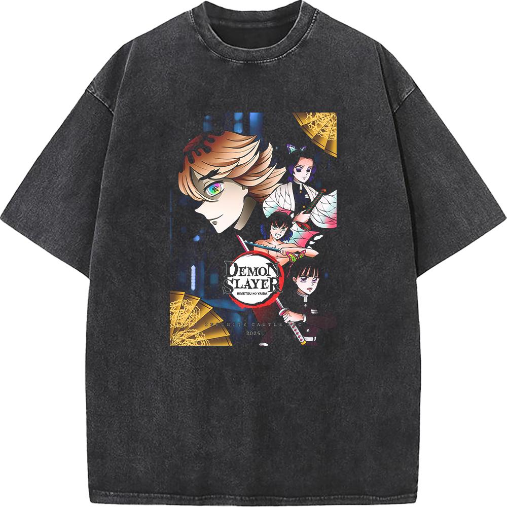 Demon Slayer Kochou Shinobu Inosuke Anime Clothing Men Women Retro Washed T-shirts Manga Cotton Tshirt Harajuku Male T Shirt