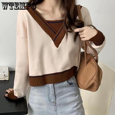 Retro Contrast V-neck Sweater Women Loose Slim Sweater Short Fake Two-piece Blouse