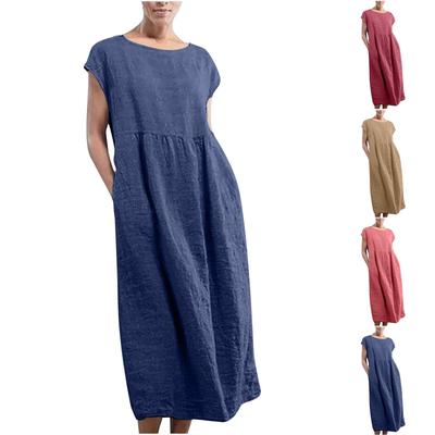 Damen Sommerkleid, lässig, einfarbig, ärmellos, Rundhalsausschnitt, lose Taschennähte, Baumwollleinenkleid
