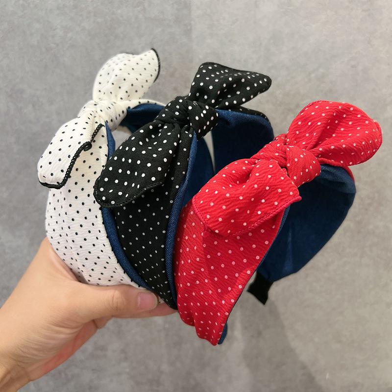 Korean Plaid Navy Bow Headband with Non-Slip Teeth for Women
