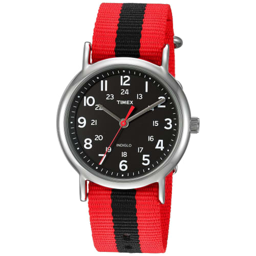 

Timex unisex Weekender 38mm watch with red and black stripes.