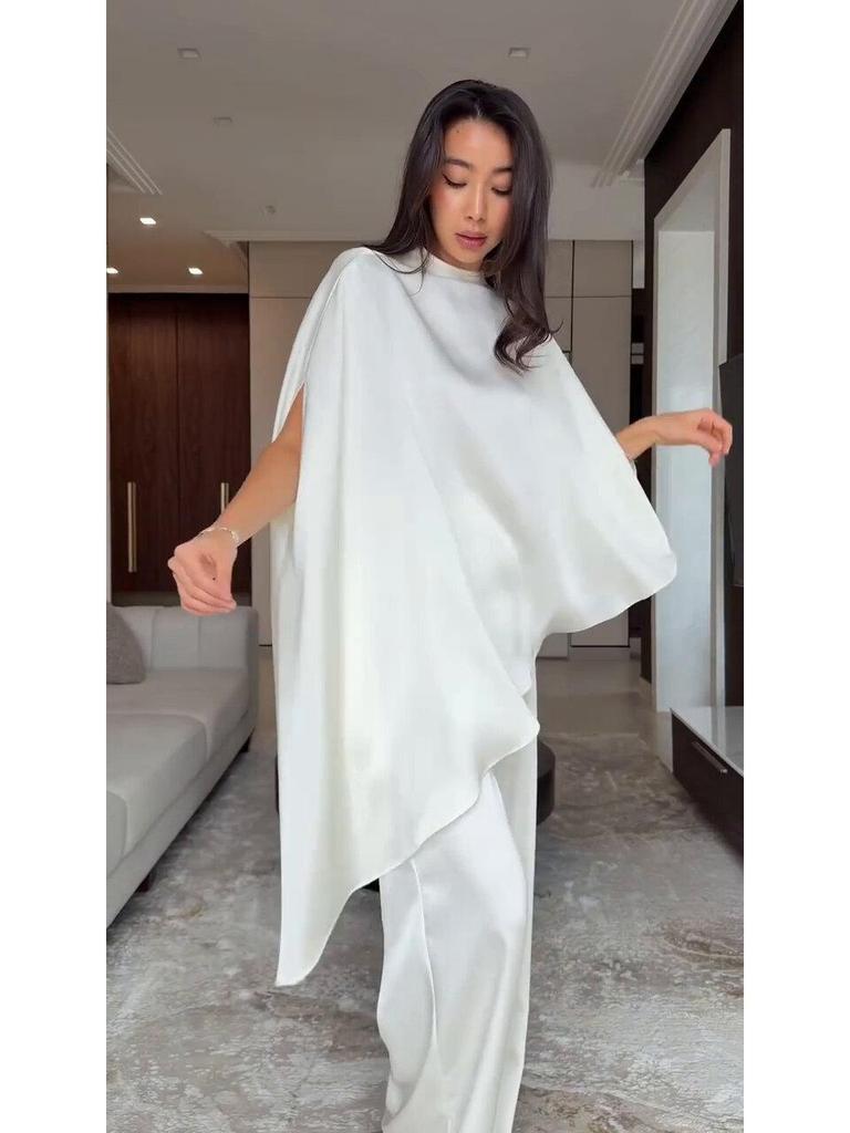 2026 Spring White Wide-Leg Pants Suit: Casual Two-Piece with Irregular Design