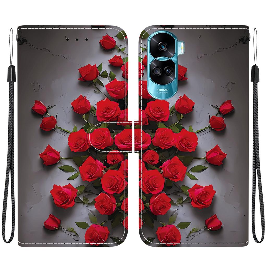 Handgefertigte PU-Leder-Flip-Hülle für Honor 90 Lite (CRT-NX1) Rutschfeste Stoßfeste Hülle mit Handschlaufe & Herz/Rose Katze Designs