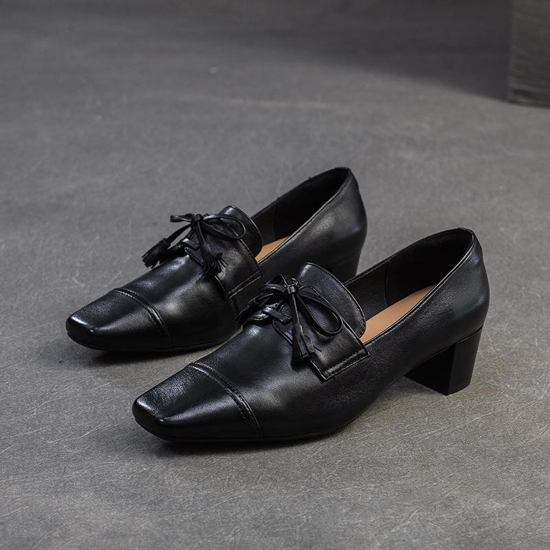 Johnature Retro Genuine Leather Pumps Square Toe Thick Heel Versatile Commuting Women's Shoes