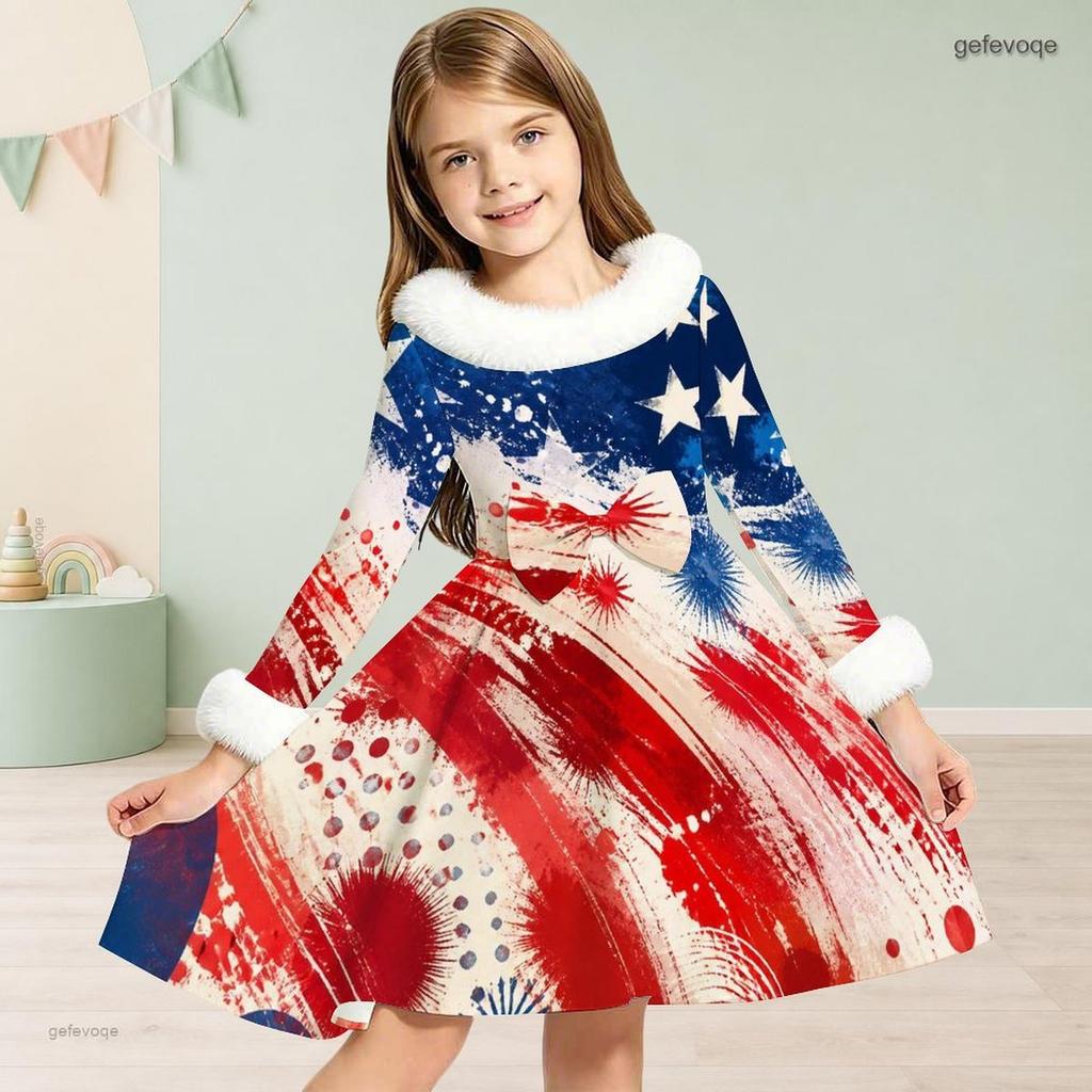 Girls Navy Blue Printed High Neck Long Sleeve A Line Flared Dress With White Fur Trim And Bow