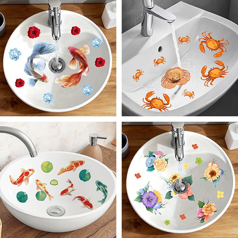 Lucky Koi And Floral Washbasin Sticker Self-Adhesive Waterproof Removable Bathroom Sticker, Wall Bathroom Sink Decal Home Decor