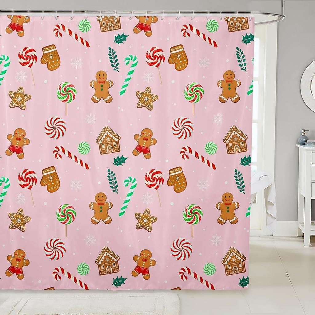 Merry Pink Christmas Shower Curtain,Cartoon Gingerbread Man Bathroom Curtain,Snowflakes Candy Fabric Shower Curtains,Happy New