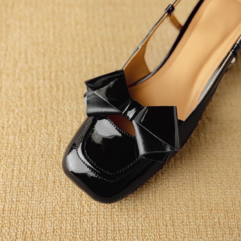 Mode Damen neue Sommer Leder Schafsleder Lackleder Schleife eckige Zehenpartie, Diamantabsatz, Fersenriemen, Zehenkappe Sandalen