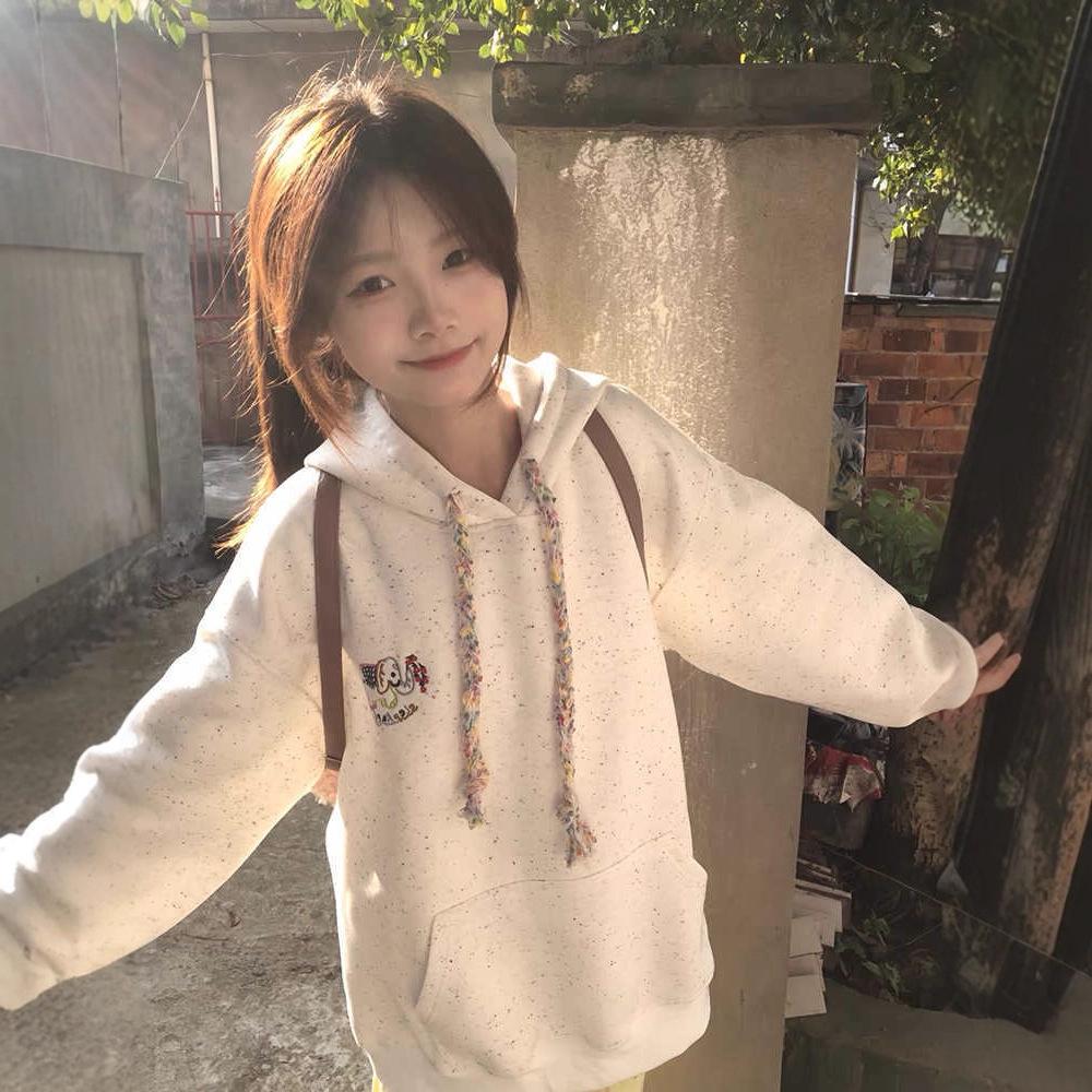 American retro color dot baby elephant embroidered hooded sweater women's velvet thickened design niche coat