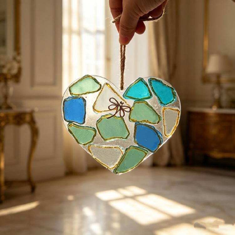 Blue Green White Sea Glass Pendant Hanging Decoration Sea Glass Heart Ornament for Living Room Decoration Car Interiors