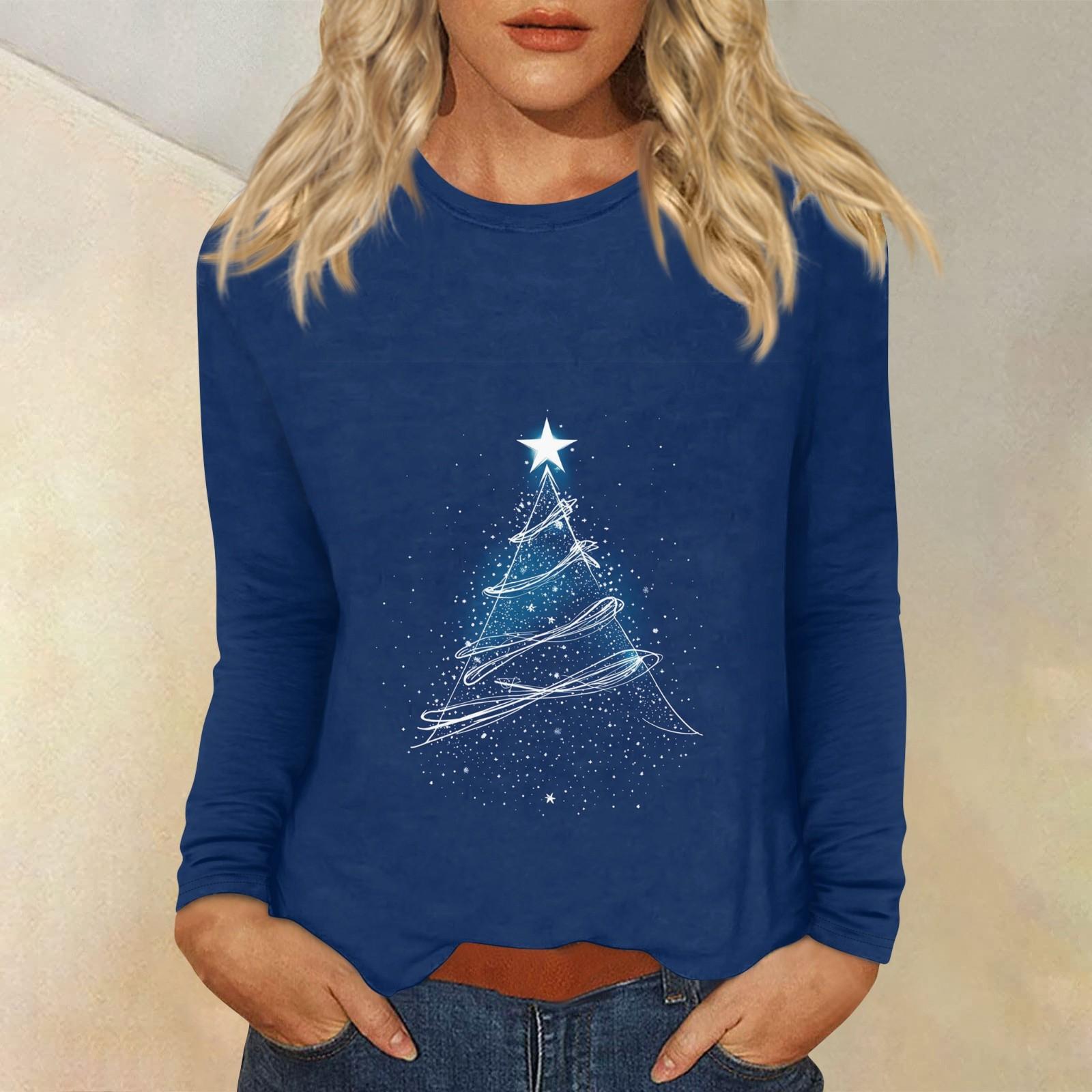 

Женский повседневный повседневный топ с длинными рукавами и рождественским принтом с круглым вырезом L