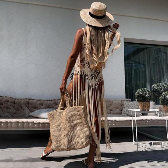 Boho Beach Dress for Women Hollow Fringe Hem Sexy Cover Up Dress Summer