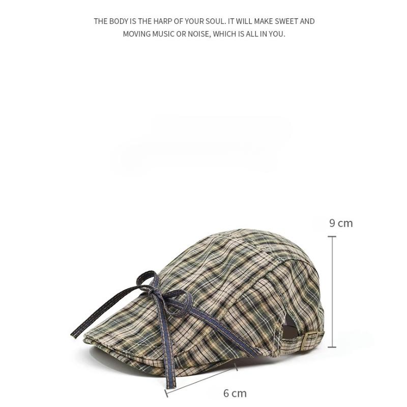 Bow Tie, Plaid, Forward Hat, Female, Sweet, Thin, Reverse Beret, Duckbill Hat