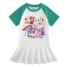 2026 Korean Style Kids' Cartoon Dress: Color Block Pleated Skirt with Short Sleeves for Girls