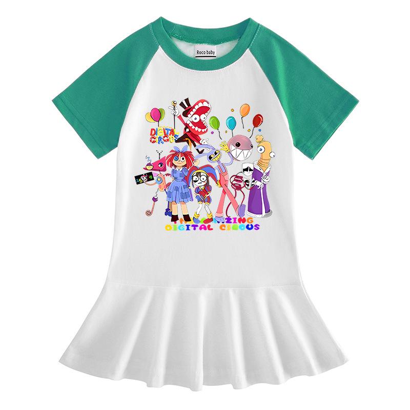 2026 Korean Style Kids' Cartoon Dress: Color Block Pleated Skirt with Short Sleeves for Girls