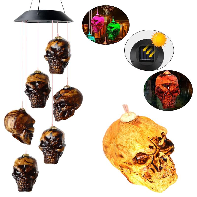 

6 светодиодов, светящиеся черепа, колокольчики IP65, водонепроницаемые, на солнечной энергии, меняющие цвет, уличные, подвесные солнечные батареи