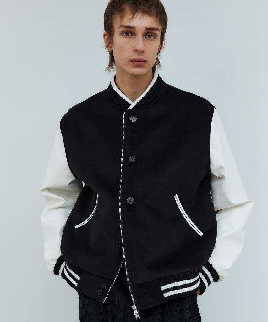 Trip Le Sens Double Button Zipper Wool Varsity Jacket_Red