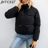 BITCED Women's Short Stand-Collar Down-Filled Cotton Jacket Simple Oversized Fit Zip-Up Puffer Coat Cotton Outerwear