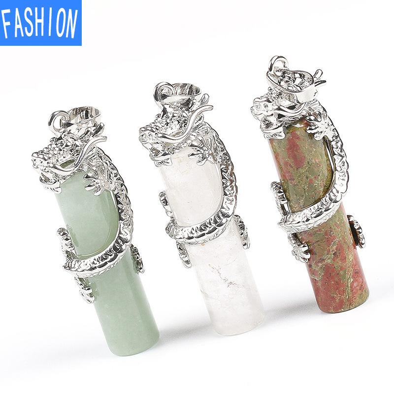 Klassisk naturstein halskjede anheng Tribal Totem Dragon svingete Crystal Column for menn og kvinner