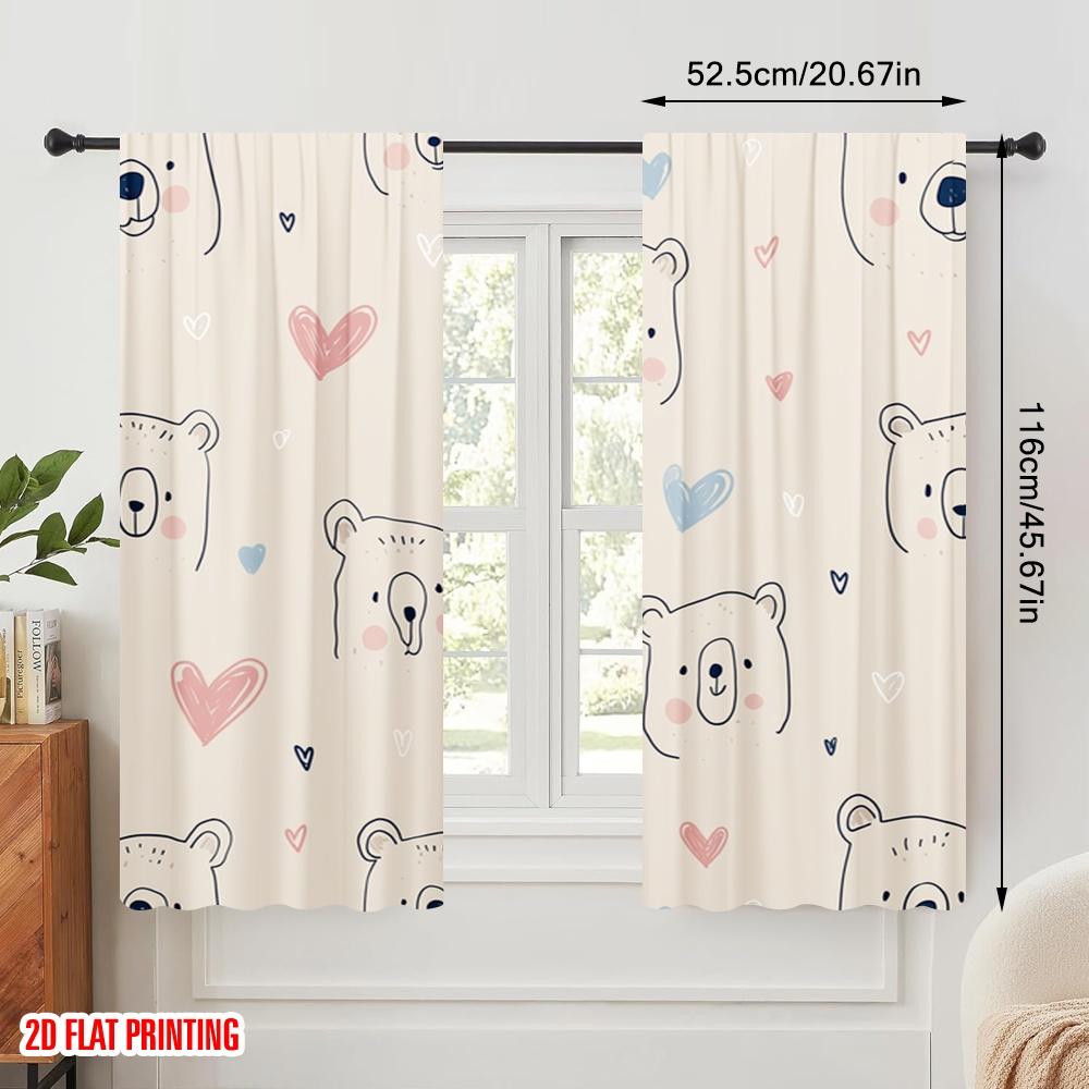 2pcs,2D Plane Printing Curtain Popular Smiling Bears and Hearts Versatile 100% Polyester (without Rod) Decorations Inside