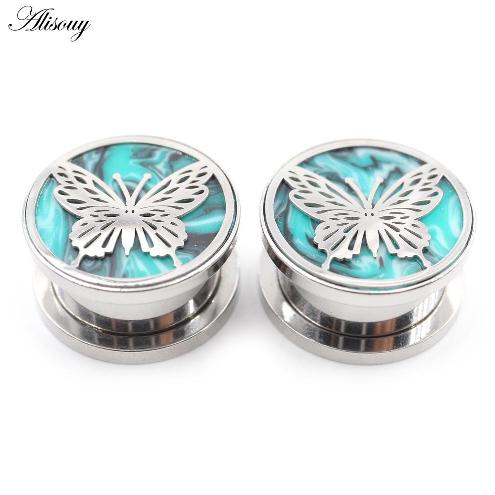 Alisouy 2 SZT. Stal Nierdzewna Motyl Zielony Kamień Tunele do Uszu Plugi Ekspander Rozpychacz Kolczyki Piercing Biżuteria do Ciała