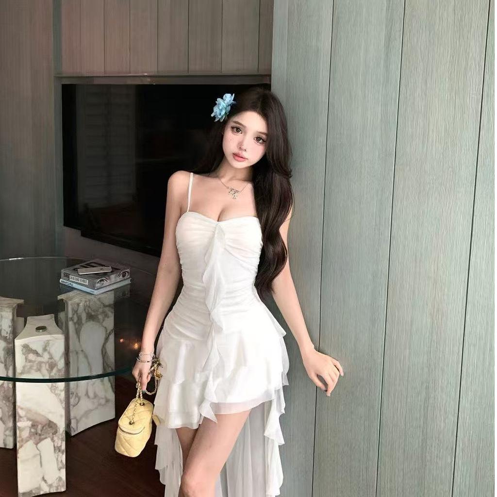 French Beautiful White Suspender Dress Women's Summer Slim Waist Trailing Skirt Gentle and Thin Super Fairy Dress