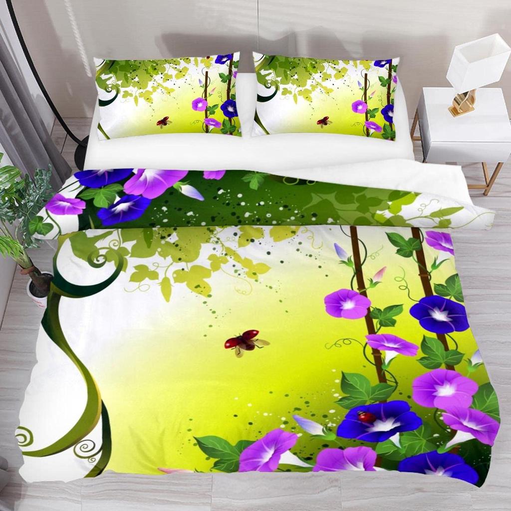 Morning Glory Duvet Cover for Girls Women,Purple Floral with Branch Quilt Cover Set King/Queen Size with Two Pillowcases,White