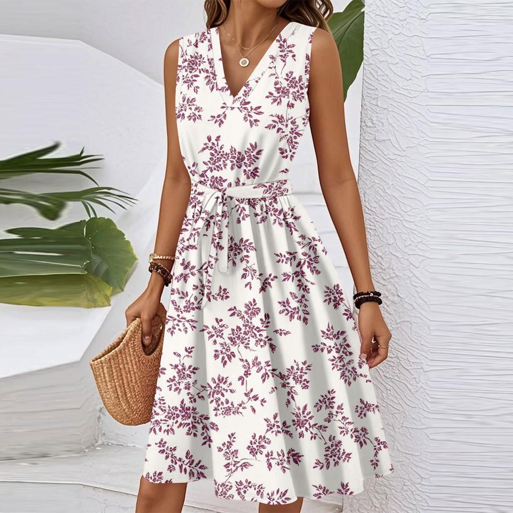 Vestido midi casual feminino primavera e verão, decote em V, sem mangas, cintura, estampa floral