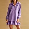 Women Autumn Winter Solid Color Half Zip Polo Collar Dress Soft Ruffle Hem Long‑Sleeve Loose Fashion Casual Inner Wear Mini Dress