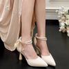 Bow temperament fashion thin heel sandals women 2025 new Korean version fairy style pearl lace-up pointed high heels
