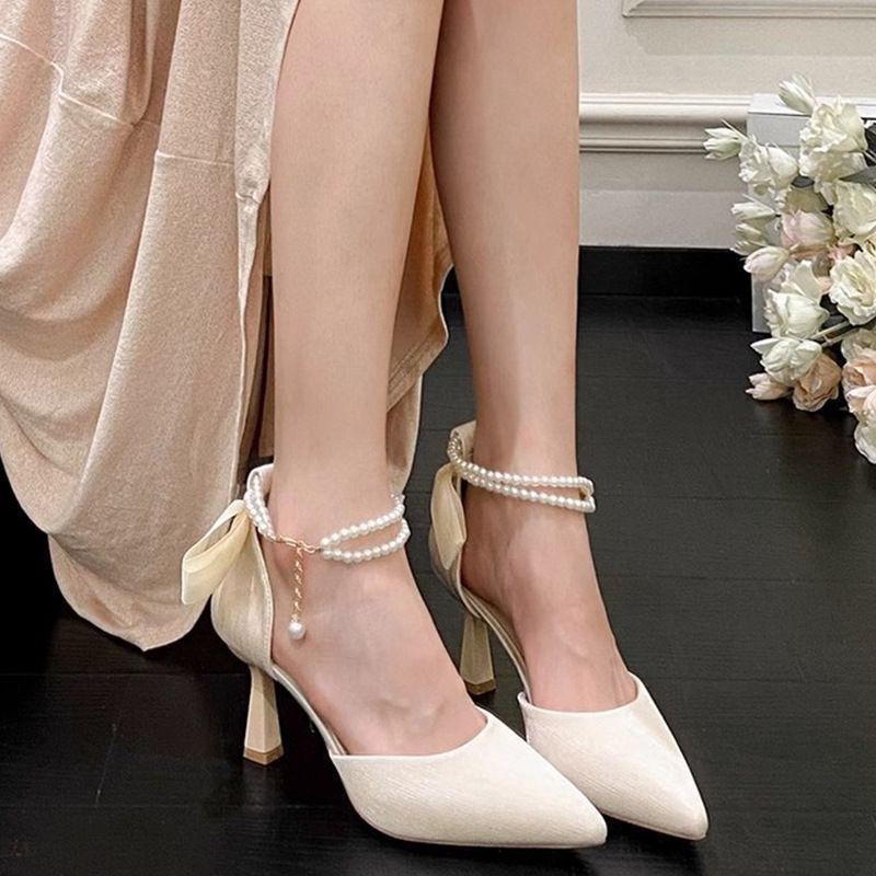 Bow Temperament Fashion Thin Heel Sandals Women 2025 New Korean Version Fairy Style Pearl Lace-up Pointed High Heels