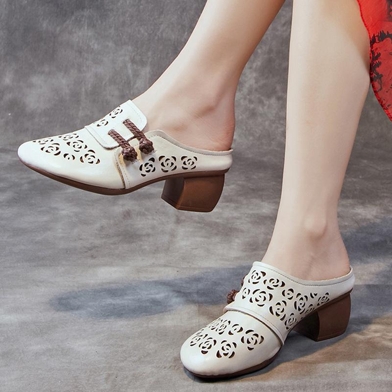 Cool slippers summer wear new bag head sandals first layer cowhide thick heel soft sole sandals women's retro hole shoes