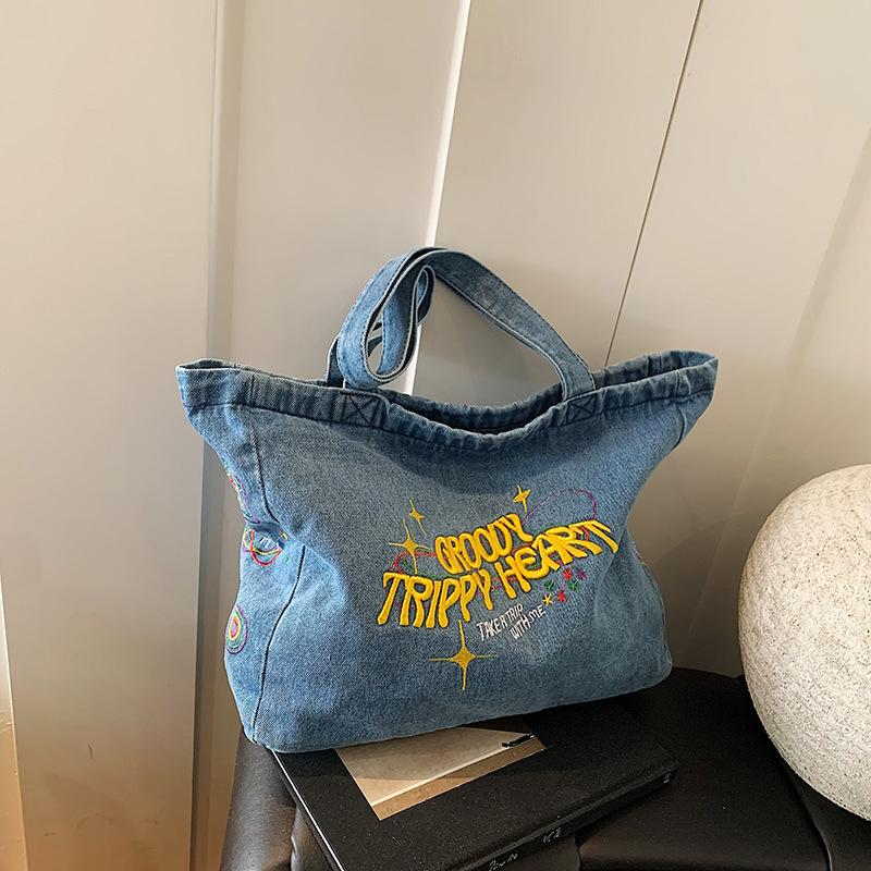 

Холщовая сумка женская джинсовая сумка-мессенджер с надписью большая вместительная сумка через плечо сумка-тоут рабочая сумка светло-синий