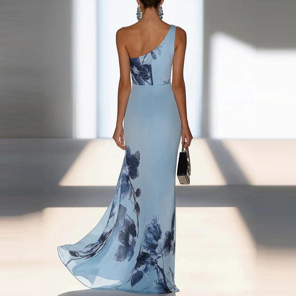 European and American Style New, Blue Printed Shoulder Dress Elegant Temperament Banquet Dress Dress Dress