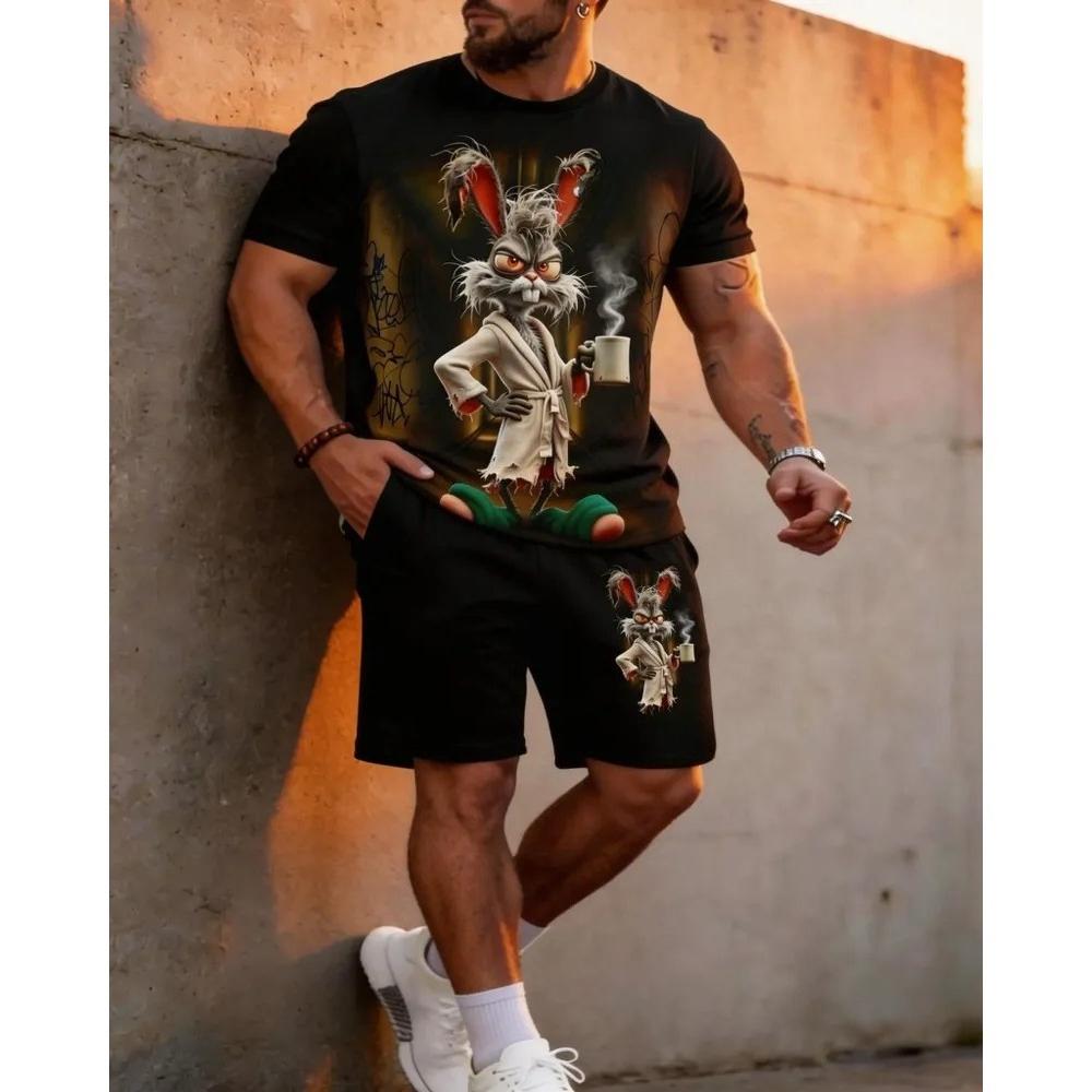 Summer Fashion Men's Personalized Fun Animal 3D Printing Two-piece Set Fashionable Comfortable Breathable Loose Large Size Sports Wear