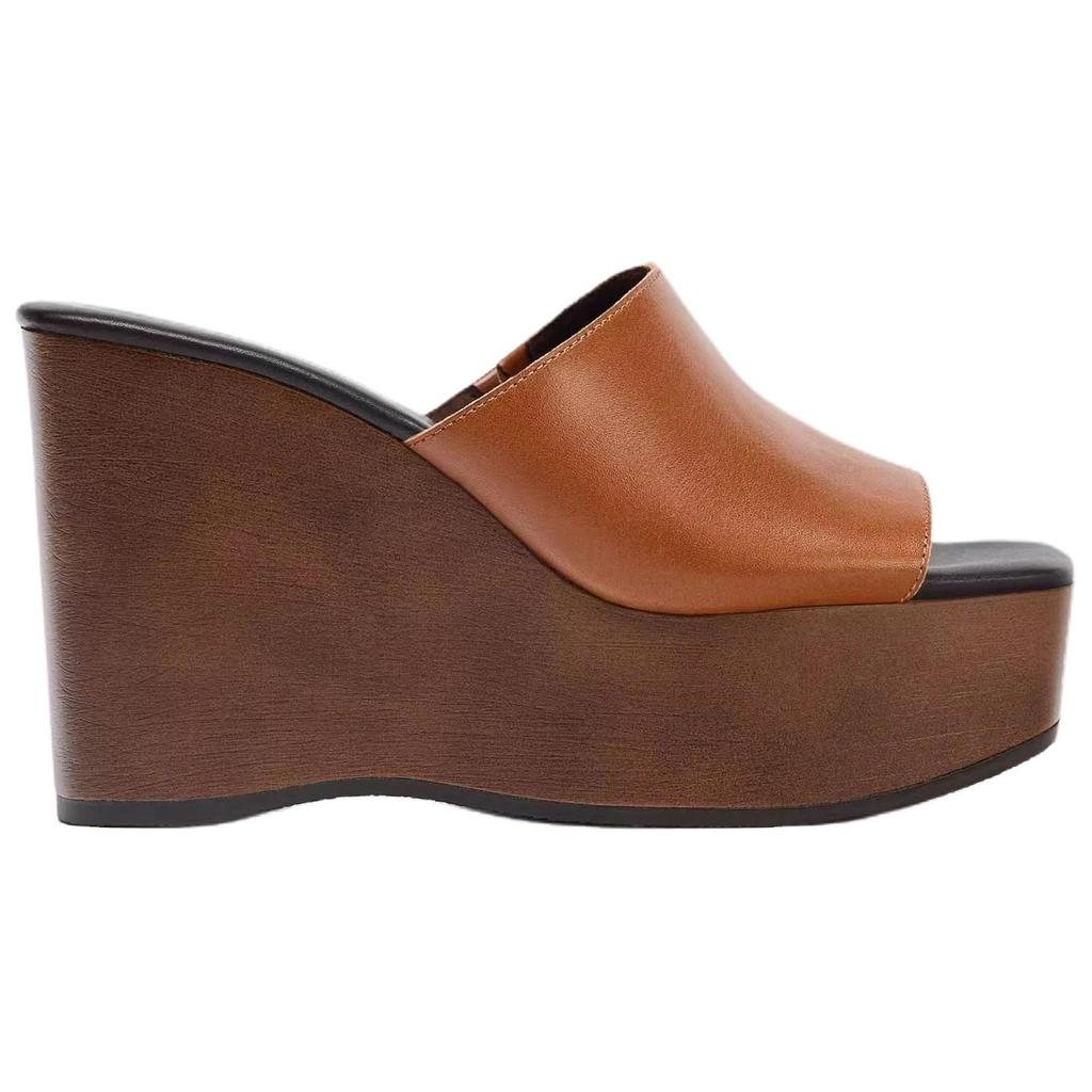 Zara Fashion Slip-On High Heel Leather Square Toe Wedge Sandals Women Sandals Brown 1319610105
