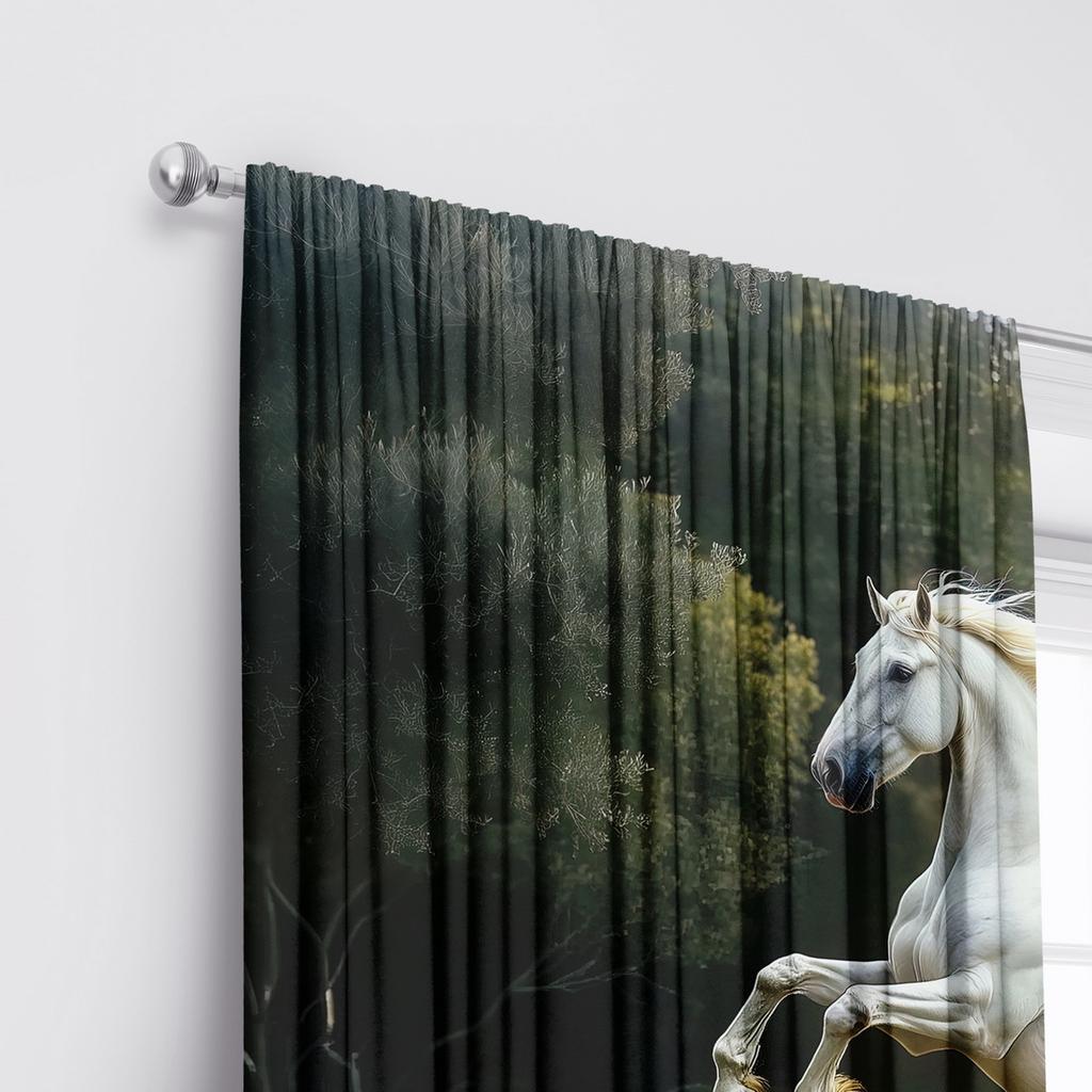 2-piece white horse print curtains   polyester fabric   machine washable   suitable for bedroom and living room decoration