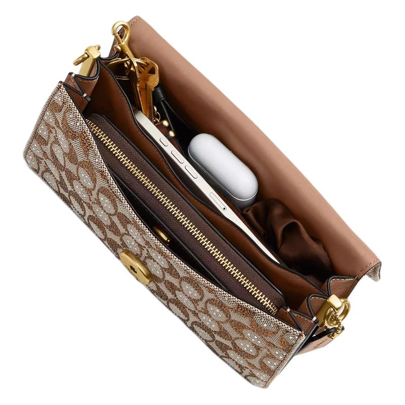 Coach Tabby 26 Crystal Logo Jacquard Classic Design Natural Grain Nappa Leather Shoulder Bag Medium Women Mushroom