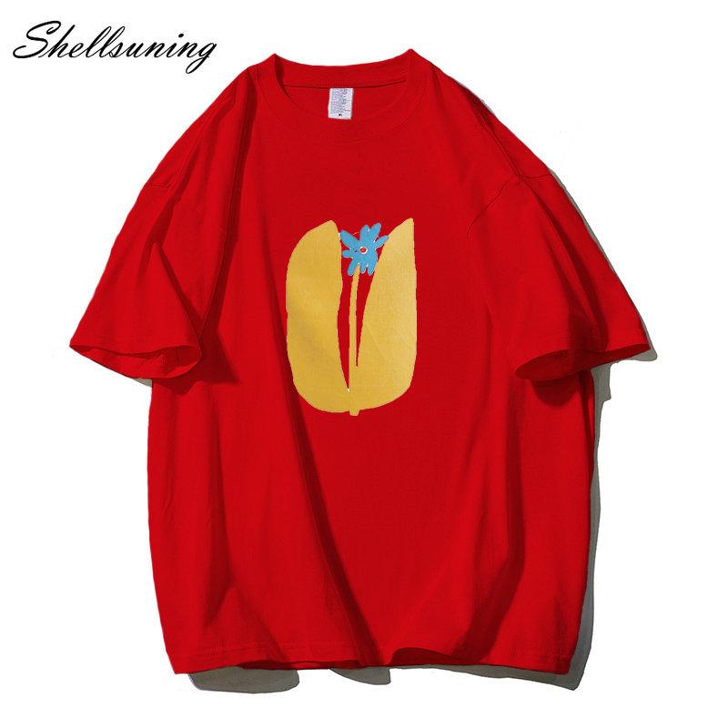Shellsuning Summer Aesthetic Floral T Shirts Women Loose Short Sleeve Cotton Printed Tees Female Casual O Neck Vintage Base Tops