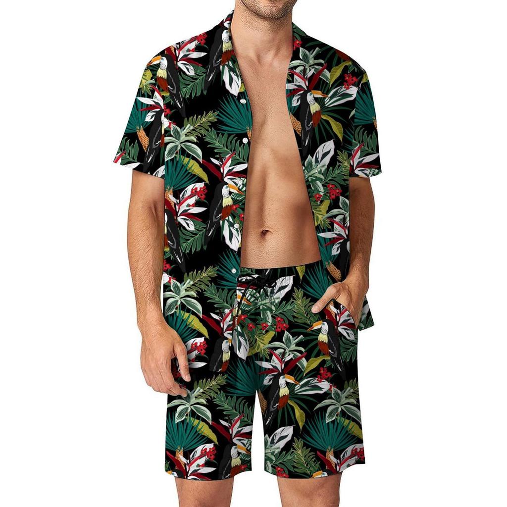 Herren Casual Locker Hemd Set Hawaiianische Küste 3D Digitaldruck Strand Kurzarm
