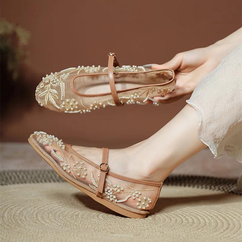 Fashion White Pearl Mesh Embroidery Ballet Flats Women Elegant String Bead Flat Sandals Light Summer Mary Jane Shoes Zapatos De Mujer