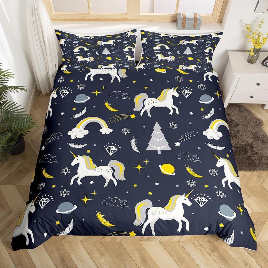 Comforter Girls Unicorn Full King Queen Size Microfiber Eyelashes Floral Comforter 3D Cartoon Bedding Set For Kids Teen