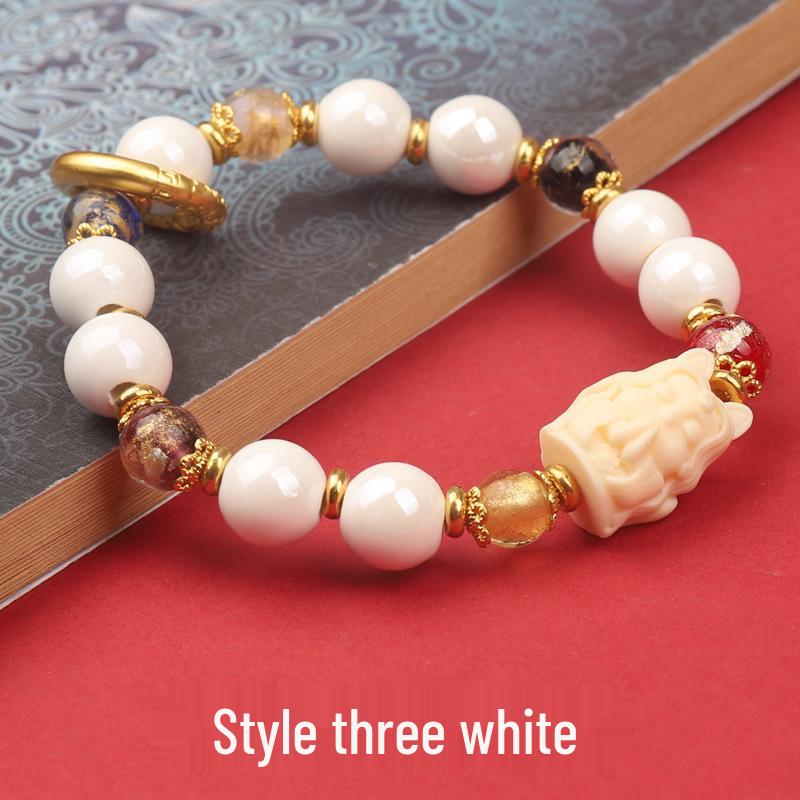 Beijing Nine-Tailed Fox Ceramic Bracelet: Incense Ash Glazed Court Style with Beads