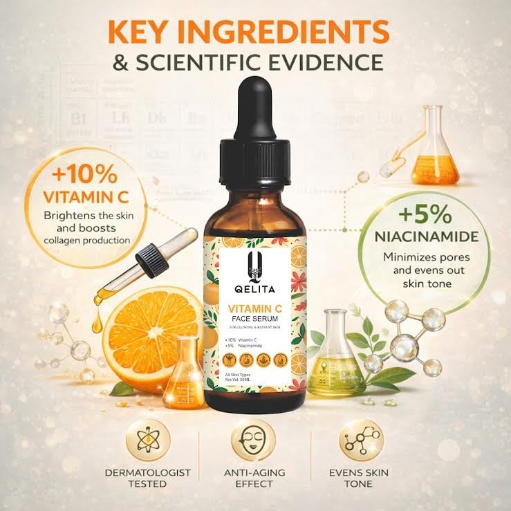 QELITA Vitamin C Face Serum for Glowing Skin with Niacinamide and Hyaluronic Acid Dark Spot Reduction Anti Ageing 30ML