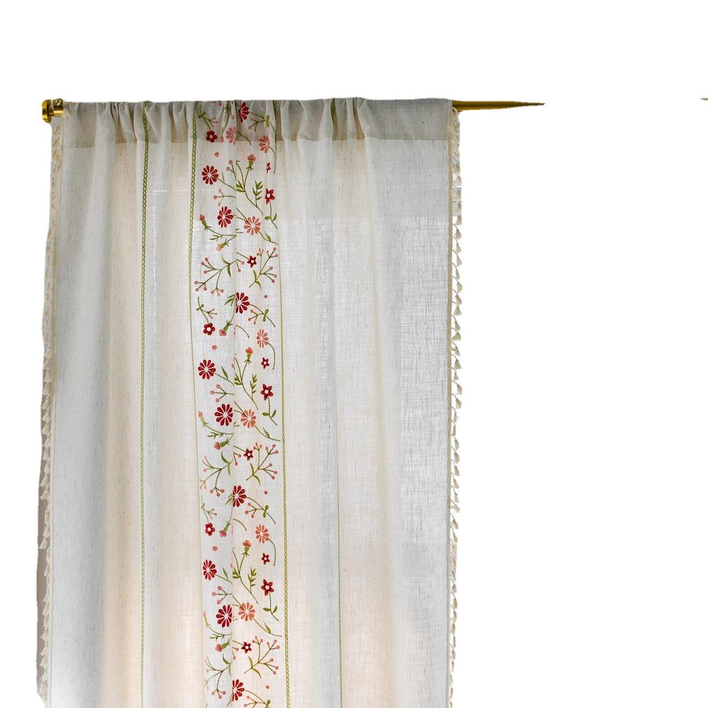 Curtain Finished Product, Cotton And Linen Art Tassel Embroidery Bay Window Curtain