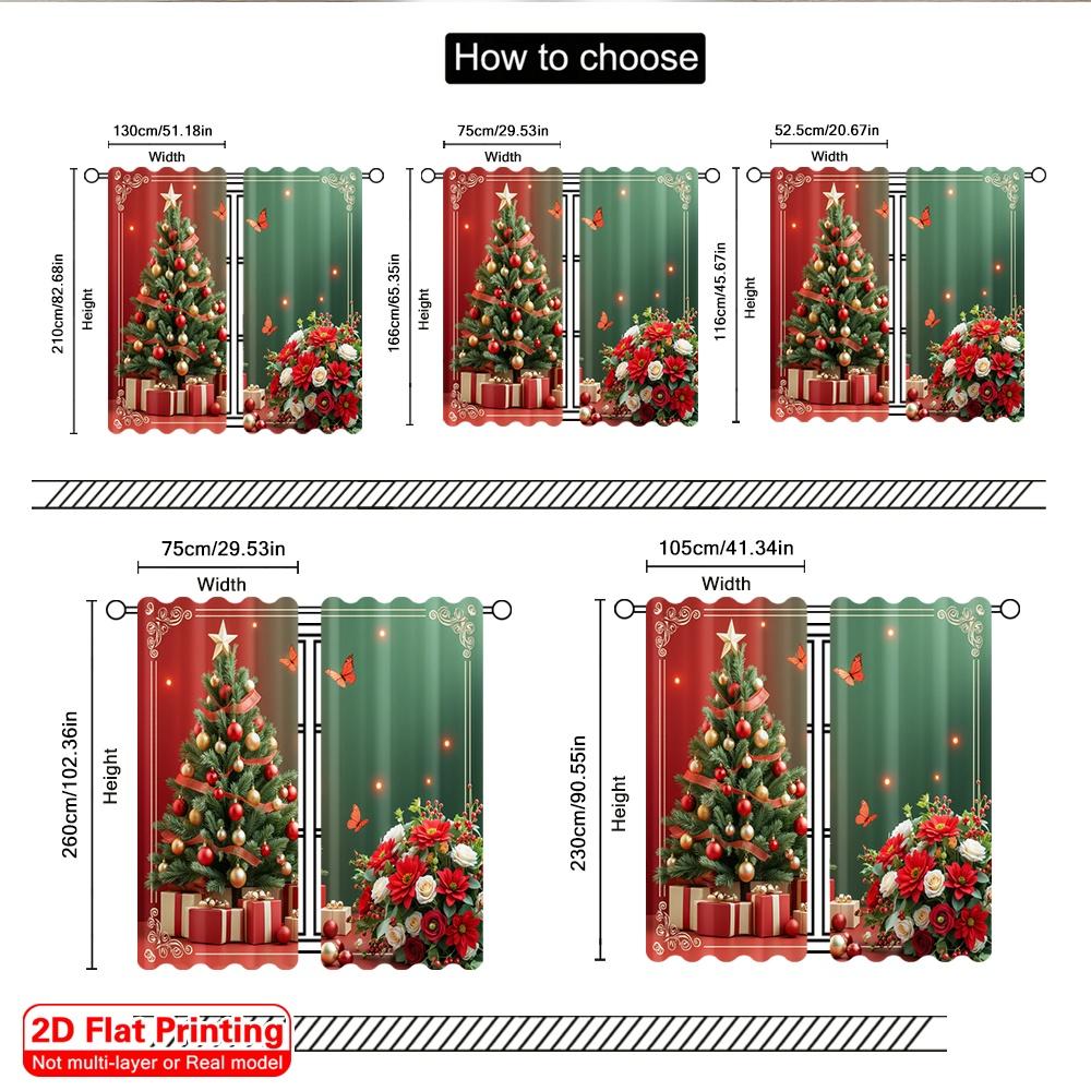 2pcs 2D Flat Printing Christmas Window Curtains Christmas Tree Poinsettias Butterflies 100% Polyester Fabric Without Electricity