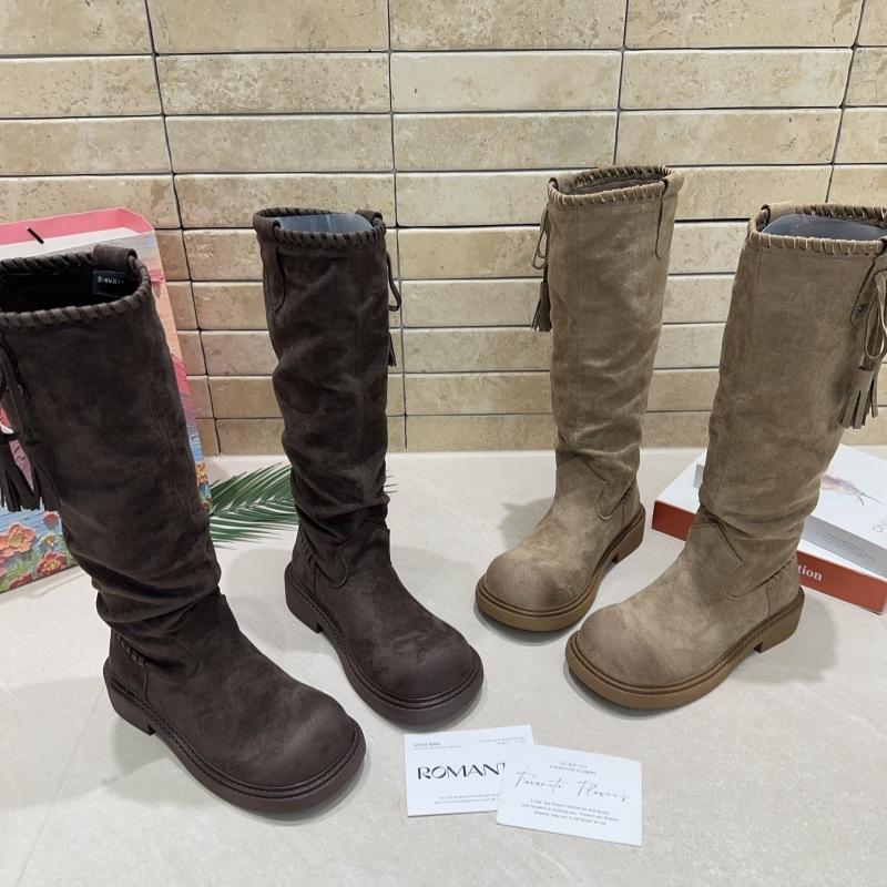 Retro thick-soled stacking boots brown Maillard boots children's new summer and autumn western cowboy tall knight boots