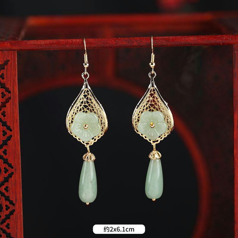 Antique earrings women's versatile temperament agate pearl long earrings retro jade fringed earrings