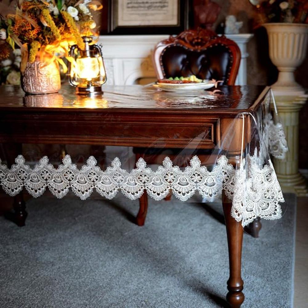 Waterproof PVC Tablecloth European Style Lace Embroidered Dining Table Cover Transparent Rectangular/Square Desk Mat Living Room